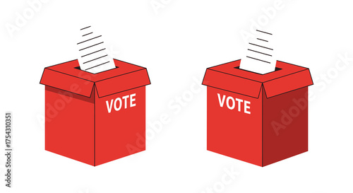 Two red ballot boxes with vote labels and paper slips inserted in silhouette style