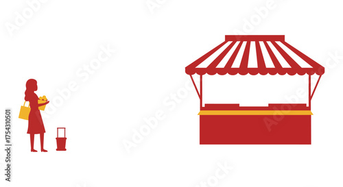 Woman with shopping bags and suitcase standing next to a red market stall silhouette