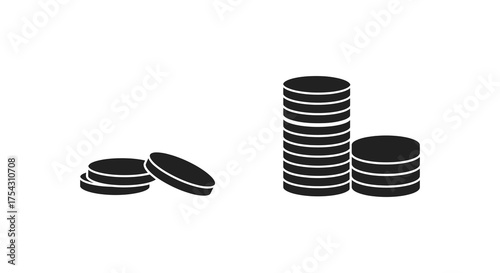 Two stacks of coins and a small pile of coins shown in a simple black and white silhouette style