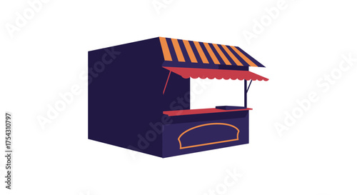 A dark blue kiosk with a striped awning and red trim stands as a silhouette against a white background