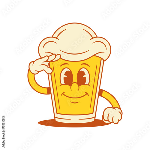 Smiling beer glass cartoon character army parade gesture vector flat illustration. Happy comic malt foamy alcohol beverage mascot soldier having fun positive emotion smiley