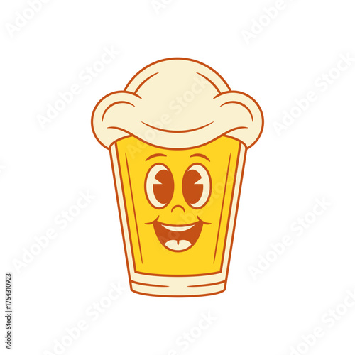 Funky smiley beer glass cartoon character laughing vector flat illustration. Cute comic malt foamy alcohol beverage mascot having fun emoticon smiling with positive emotion