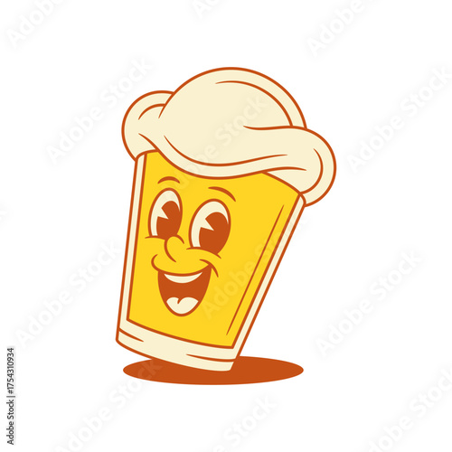 Comic beer glass emoji cartoon character smiling with open mouth vector flat illustration. Cute funky emoticon malt foamy alcohol beverage mascot having fun positive emotion