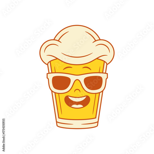 Cool comic beer glass cartoon character in sunglasses vector flat illustration. Funky stylish malt foamy alcohol beverage mascot wearing summer eyeglasses laughing having fun
