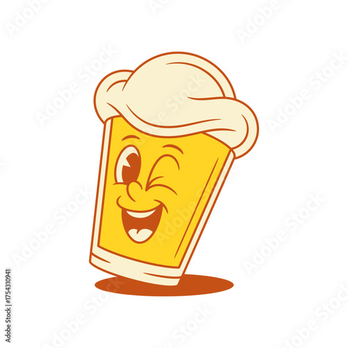 Comic beer glass cartoon character smiling winked vector flat illustration. Funky adorable malt foamy alcohol beverage mascot emoticon laughing having fun with positive emotion