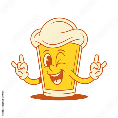 Cool comic beer glass cartoon character rock gesture vector flat illustration. Funky adorable malt foamy alcohol beverage mascot smiling having fun with positive emotion