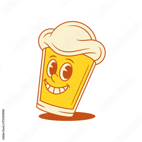 Adorable emoticon beer glass cartoon character toothy smile vector flat illustration. Comic cute emoji malt foamy alcohol beverage mascot teeth smiling having fun with positive emotion