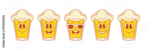 Adorable cute beer glass cartoon character smiling set vector flat illustration. Funky comic malt foamy alcohol beverage mascot in summer sunglasses smile happy having fun with positive emotion