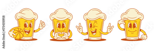 Funny positive beer glass cartoon character smiling set vector flat illustration. Comic cute malt foamy alcohol beverage mascot rock gesture army parade soccer football ball heart love sign