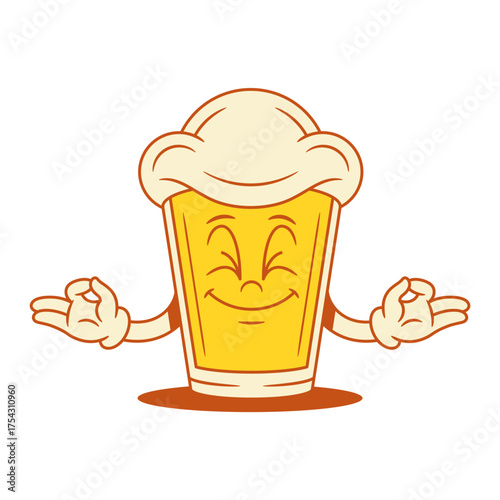 Funky beer glass cartoon character yoga meditation vector flat illustration. Comic relaxed malt foamy alcohol beverage mascot practicing zen meditating namaste posture calm balance mindfulness