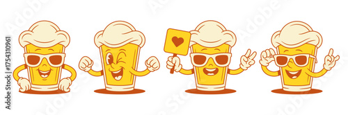 Funky summer beer glass cartoon character set vector flat illustration. Cute comic malt foamy alcohol beverage mascot in sunglasses and heart signboard greeting smiling having fun