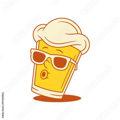 Funky summer beer glass cartoon character whistling vector flat illustration. Comic happy emoticon malt foamy alcohol beverage mascot in stylish cool sunglasses relaxing with positive emotion