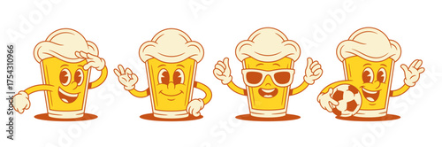 Comic smiley beer glass cartoon character happy emoji set vector flat illustration. Cute adorable malt foamy alcohol beverage mascot army parade summer sunglasses soccer football ball