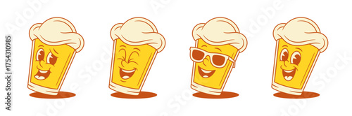Cheerful smiling beer glass cartoon character set vector flat illustration. Cute comic malt foamy alcohol beverage mascot in summer sunglasses positive emoticon with happy smile tilt shadow