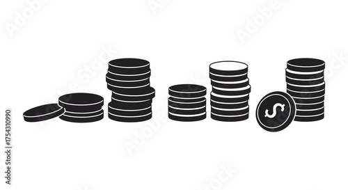 Stacks of coins and a single coin with a dollar sign in a minimalist black and white silhouette style
