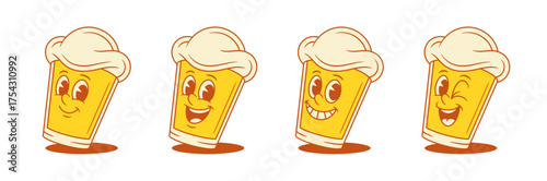 Cute positive emoji beer glass cartoon character set vector flat illustration. Adorable comic malt foamy alcohol beverage mascot teeth smiling happy winked having fun with positive emotion