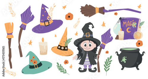 halloween set on wgite background with witch witch hat candles branch