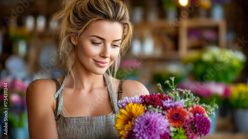 A young Caucasian woman with long blond hair arranges a colorful bouquet of flowers in a florist shop. The background features shelves filled with various plants and flowers.