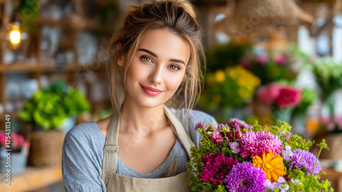 A young Caucasian woman with long brown hair holds a vibrant bouquet of flowers in a florist shop. The background features various plants and floral arrangements.