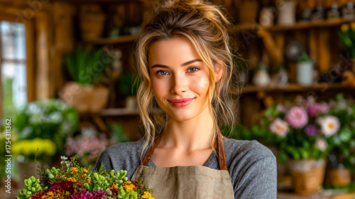 A young Caucasian woman with long blonde hair smiles while holding a bouquet of flowers in a cozy florist shop filled with plants and floral arrangements.