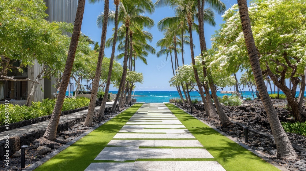 Obraz premium Pathway to ocean view flanked by palm trees and lush greenery on sunny day
