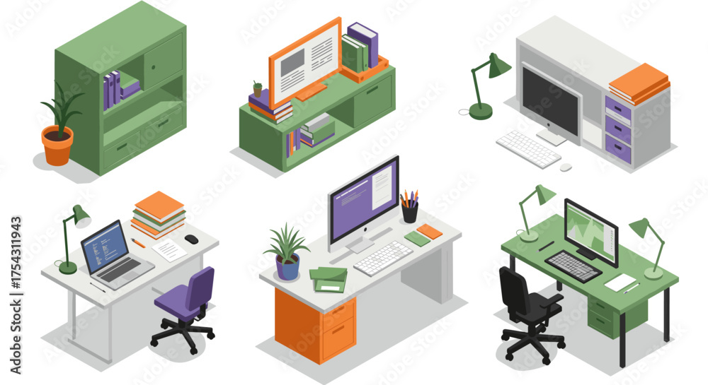 Fototapeta premium Isometric office furniture set with desks and computers in modern green and orange color scheme