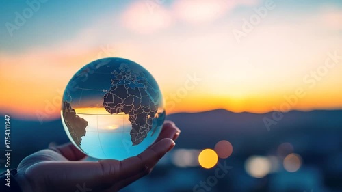 Hand holding a glass globe of Earth at sunset