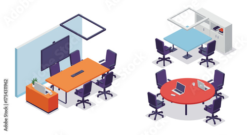 Modern office meeting rooms with isometric conference tables and chairs
