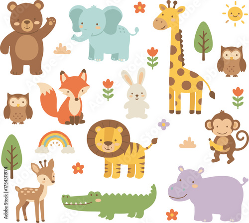 A seamless vector cartoon animal set featuring a cute collection of baby pets like a dog, cat, lion, bear, cow, elephant, horse, giraffe, rabbit, tiger, zebra, and sheep
