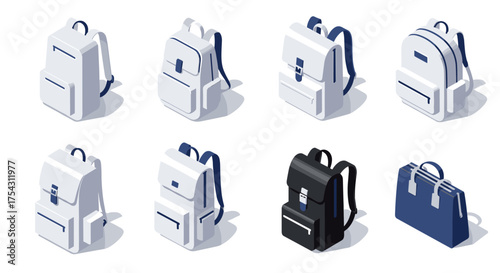 Modern minimalist backpack collection in isometric style