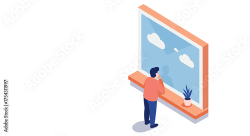 Isometric design: man gazing out window with clouds and plant