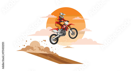 Motocross rider jumping against sunset sky with dust trail