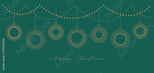 Line Christmas luxury banner, card with lattice toy, ball, bauble, circle on green background. Cute minimalist decorative vector border with lettering, garland, decoration.