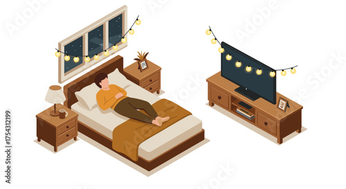 Cozy bedroom with isometric design featuring a relaxing nighttime scene
