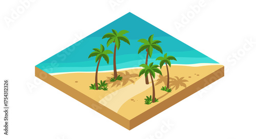 Tropical island paradise isometric scene with palm trees and sandy beach