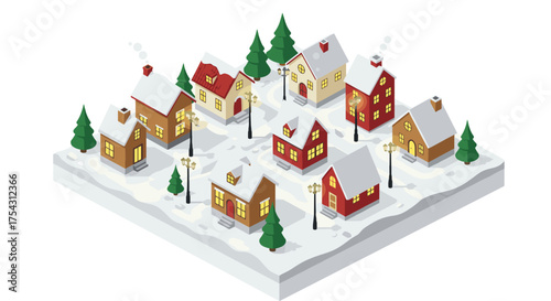 Charming isometric winter village scene with snow-covered houses and pine trees