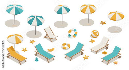 Isometric beach essentials: umbrellas, loungers, and summer accessories