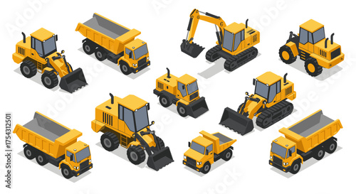 Isometric construction vehicles set featuring dump trucks and excavators