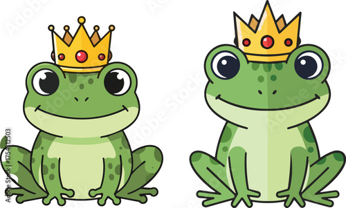Two Cartoon Frogs Wearing Golden Crowns amphibian animal