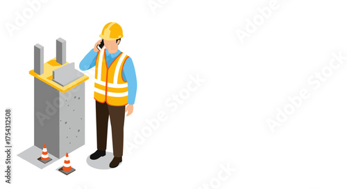 Construction worker in safety gear at worksite with concrete foundation isometric design