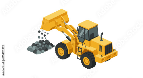 Isometric construction loader with rocks on white background
