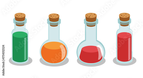 Colorful potion bottles on white background in isometric style