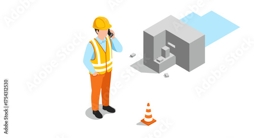 Construction worker in safety gear talking on phone next to building blocks