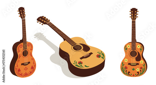 Three decorative guitars with floral designs in isometric style
