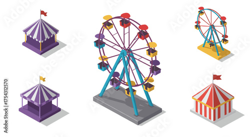 Colorful isometric carnival with ferris wheel and tents