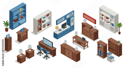 Modern home office furniture set with isometric design and vibrant colors