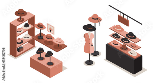 Elegant isometric hat boutique display with mannequin in modern retail setting