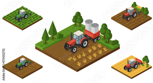 Isometric farming scenes featuring tractors and countryside elements