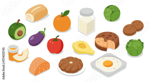 Isometric cartoon fruits vegetables and dairy products set for healthy food concepts