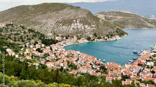 View from above of the town on Kastellorizo (Megisti) Island, Greece. Greek island travel, Mediterranean vacation, scenic landscape, summer tourism, traditional architecture, coastal town. 